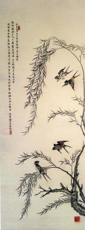 沈壽繡柳燕圖（軸），刺繡名作，蘇繡名人，清朝刺繡