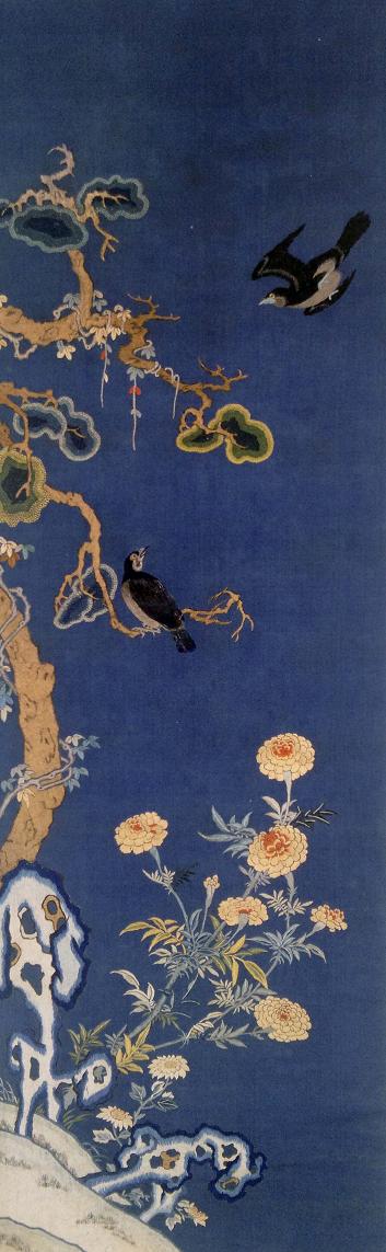 刺繡柏菊八哥圖（軸），清同治年間繡品，蘇繡，刺繡品，藏品繡