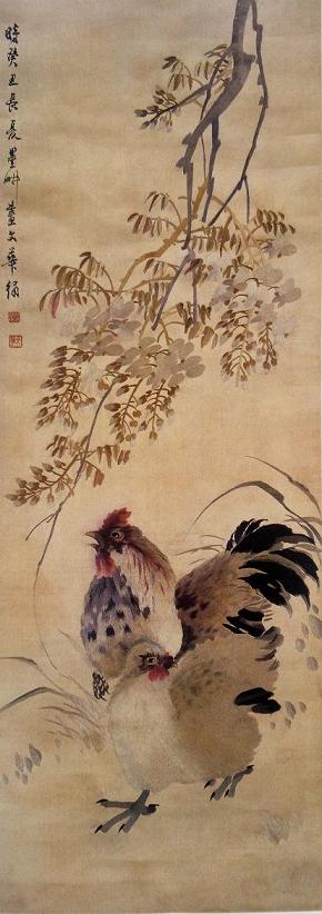 薛文華繡紫藤雙雞圖（軸），民國時期蘇繡，民國織繡精品，華喦